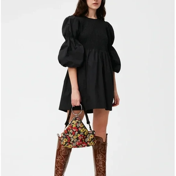 chinese dress ladies Ganni Black Cotton Poplin Long Smock Dress main image 1
